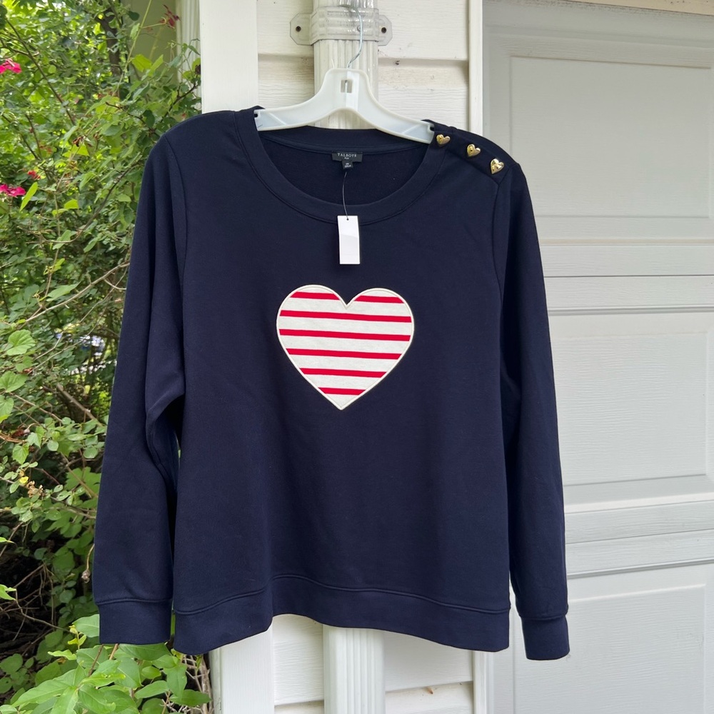 NWT Talbots Fun Patriotic Navy Appliqué Stripe Red White Heart Heart Buttons